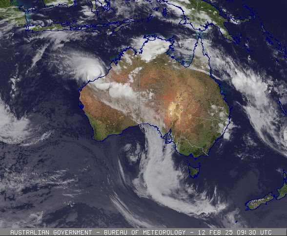 Satellite image of tropical cyclone Zelia developing near Port Hedland, February 12 2025. From www.bom.gov.au