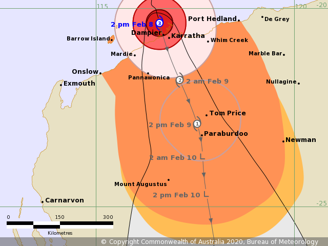 Track map of Severe Tropical Cyclone Damien, 08/02/2020. From www.bom.gov.au.