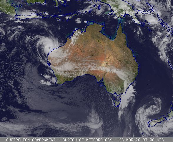 Satellite image of tropical cyclone Narelle, 26/03/2026, from www.bom.gov.au.