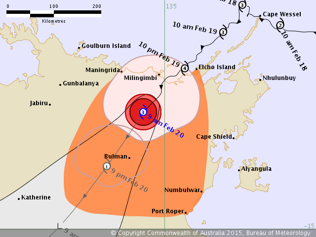 Forecast track of tropical cyclone Lam on 19 February 2015. image and text from www.bom.gov.au/products/IDD65011.shtml