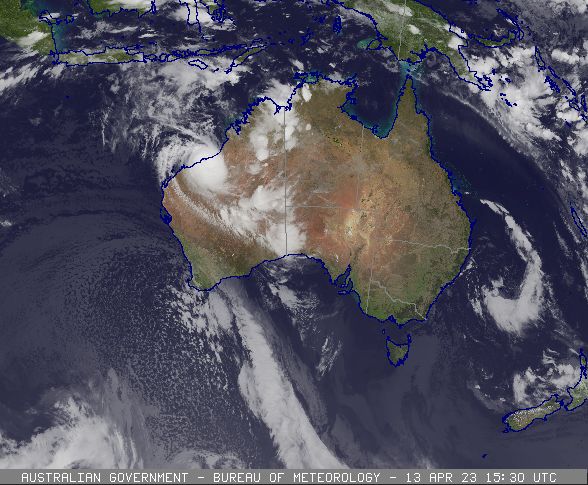 Satellite image showing severe tropical cyclone Ilsa making landfall off north Western Australia. 1630 April 13 2023. Image from www.bom.gov.au.