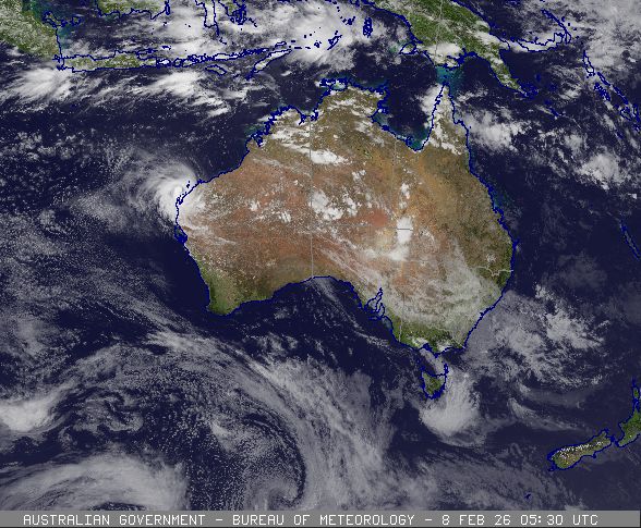 Satellite image of tropical cyclone Mitchell off northwest Western Australia, 08 February 2026. From www.bom.gov.au.