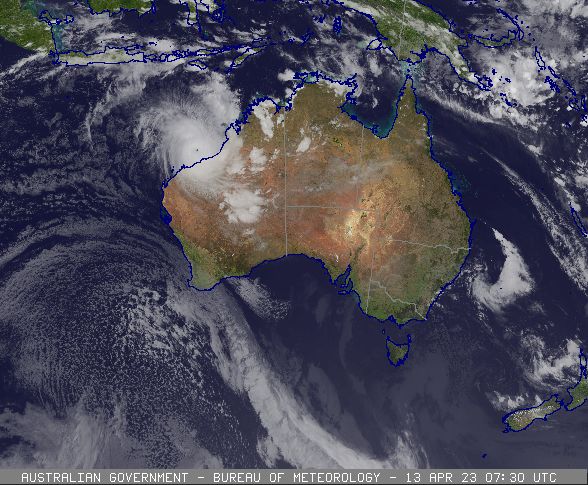 Satellite image showing severe tropical cyclone Ilsa off north Western Australia. April 13 2023. Image from www.bom.gov.au.