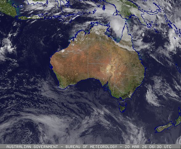 Satellite image of severe tropical cyclone Narelle in the Gulf of Carpentaria, 20/03/2026 (pm) , from www.bom.gov.au.