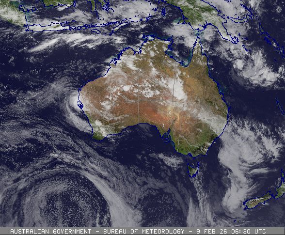 Satellite image of tropical cyclone Mitchell off northwest Western Australia, 09 February 2026. From www.bom.gov.au.