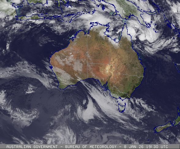 Satellite image showing a developing tropical low pressure system off far north Queensland, 09 January 2026. Image from www.bom.gov.au.