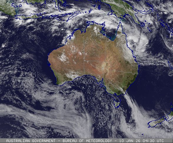 Satellite image showing a developing tropical low pressure system off far north Queensland, 10 January (14:30) 2026. Image from www.bom.gov.au.