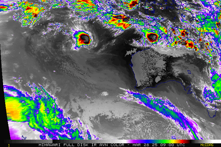 Colourised animation showing TC Dianne and STC Courtney in the Indian Ocean, March 29 2025. From NOAA.