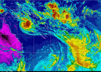 Colourised satellite image of Tropical Cyclone Owen (02/12/2018). images from NOAA.