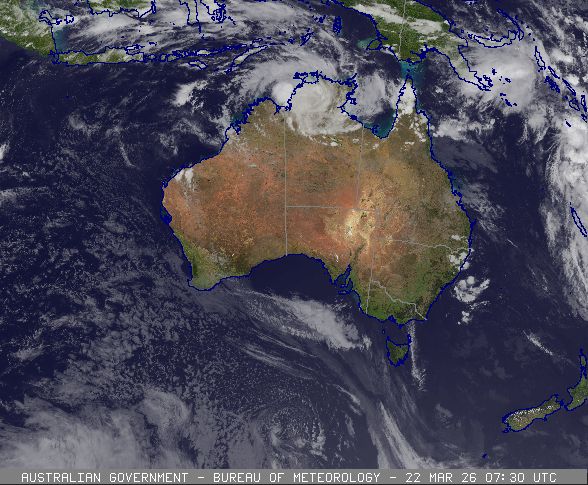 Satellite image of Ex-tropical cyclone Narelle, 22/03/2026, from www.bom.gov.au.
