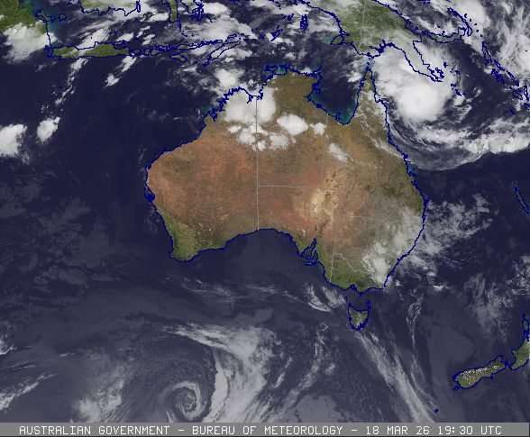 Satellite image of severe tropical cyclone Narelle developing in the Coral Sea, 19/03/2026 (06:00 am), from www.bom.gov.au.