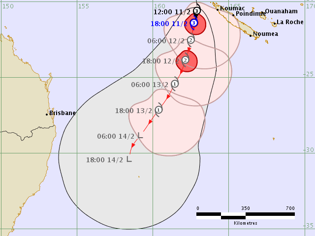 Track map of a Tropical Cyclone Uesi near Noumea, 12/02/2020. From Fiji Met Service