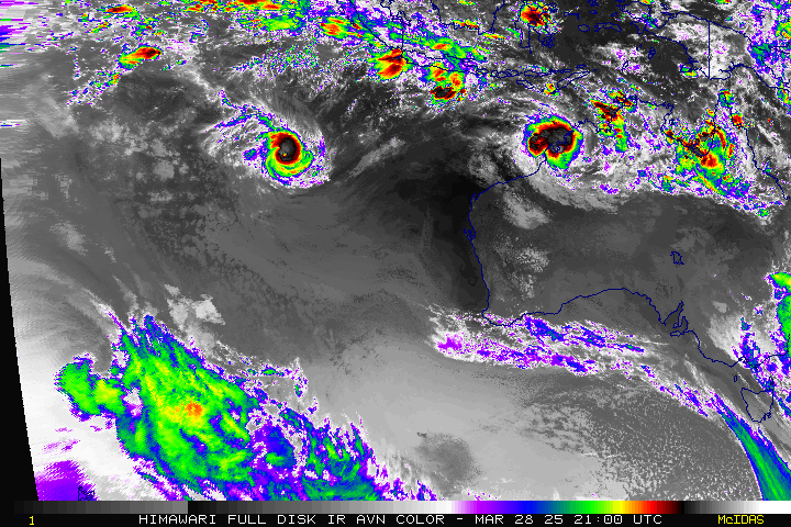 Colourised animation showing TC Dianne and STC Courtney in the Indian Ocean, March 29 2025. From NOAA.