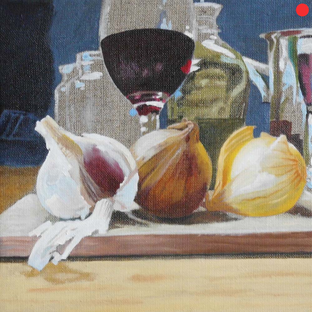 Zwiebeln und Wein, Oil on Canvas, 30 x 30 cm