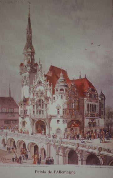 Weltausstellung Paris 1900; Deutscher Ausstellungs-Pavillon; Verbrennungsmotoren waren hier nur ausgestellt und durften nicht betrieben werden.