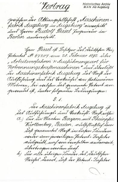 Erste Seite des 6-seitigen Vertrages zwischen der Maschinenfabrik Augsburg und Rudolf Diesel vom 21.2.1893