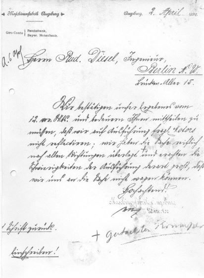Mit diesen Zeilen vom 2. April 1892 sagte Heinrich Buz von der Maschinenfabrik Augsburg dem Erfinder Rudolf Diesel ab.