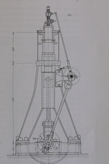 Konstruktionszeichnung des ersten Versuchs-Dieselmotors 15/40 der Maschinenfabrik Augsburg, heute MAN.
