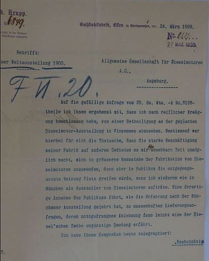Pariser Weltausstellung 1900: Absageschreiben von Fried. Krupp, Essen.