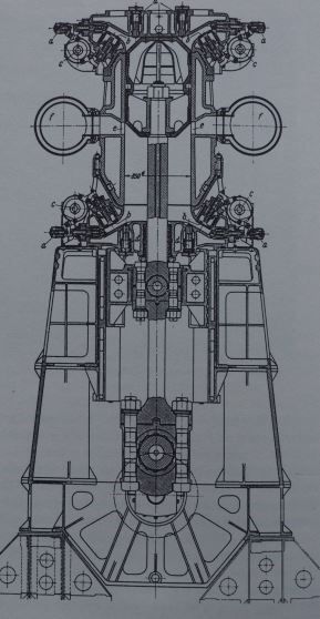 Zylinderschnitt durch den 3-Zylinder-MAN-Großdiesel-Versuchsmotor SN1200/6 mit 6.000 PSZylinderleistung, 1911