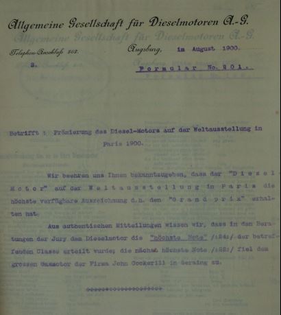 Allgemeine Gesellschaft für Dieselmotoren Augsburg; Rundschreiben anlässlich der Verleihung eines Grand Prix auf der Weltausstellung.