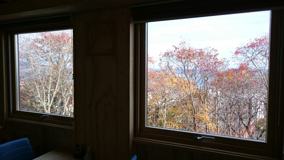 紅葉の隙間から海が見える