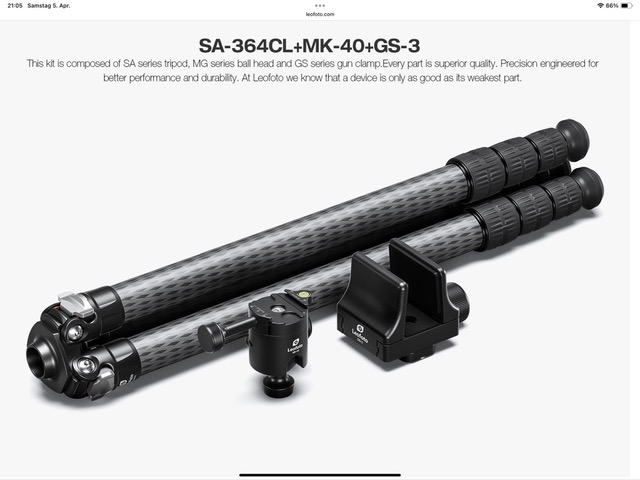 LEOFOTO SA-364CL Carbon-Dreibeinstativ + Kugelkopf MK-40 + Gewehrklemme GS-3 (für Jäger)