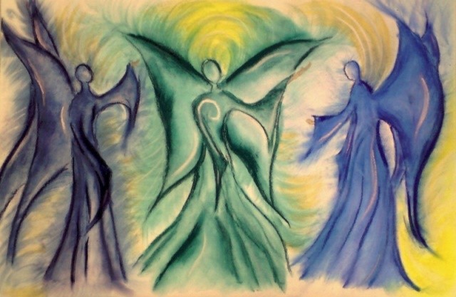  Engelbild: Dreifaltigkeit Engel von Franziska Rihs mit Pastellkreide gemalt, Freude Körper Geist Seele
