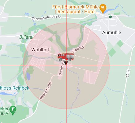 Aktionsradius der Feuerwehr Wohltorf bei einer Anrückezeit von 5 Minuten