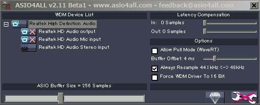 ASIO4ALLの設定画面