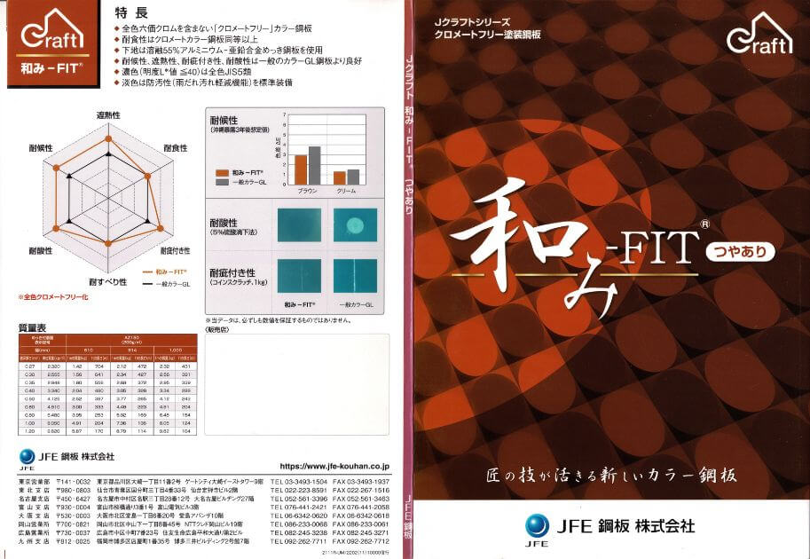 JFE鋼板の艶ありガルバリウム鋼板カラーサンプル裏表紙。艶やかなガルバリウム鋼板の仕様や用途に関する情報。