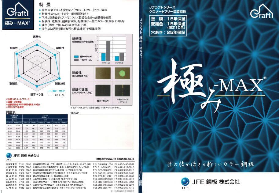 JFE鋼板のつや消しガルバリウム鋼板カラーサンプル裏表紙。マットなガルバリウム鋼板の仕様や用途に関する情報。