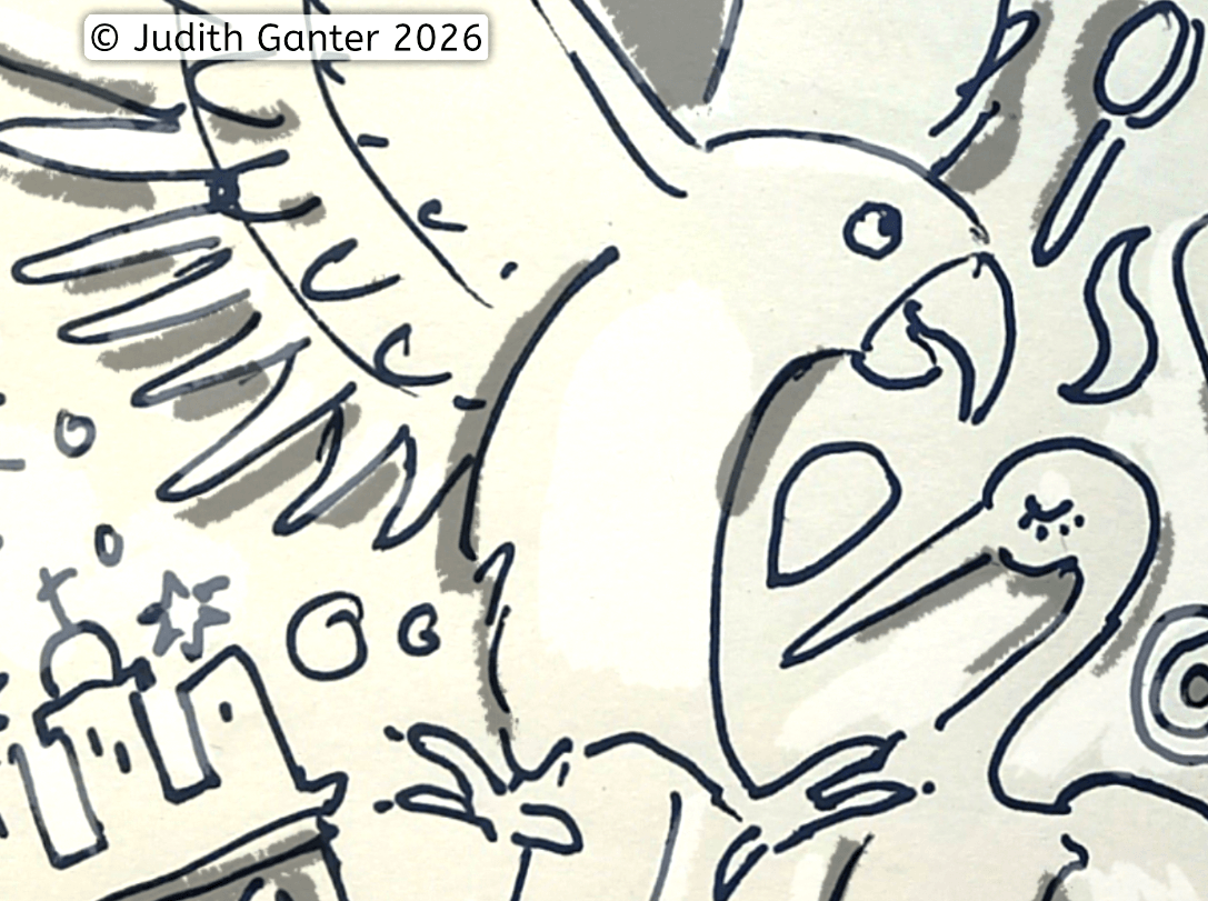 Sketchnote-Ausschnitt mit den Symbolen Kranich und Papagei zur Ausstellung „Aiga Rasch und ihre Detektive. Die drei ??? (Die drei Fragezeichen) und Sherlock Holmes“ im Altonaer Museum.