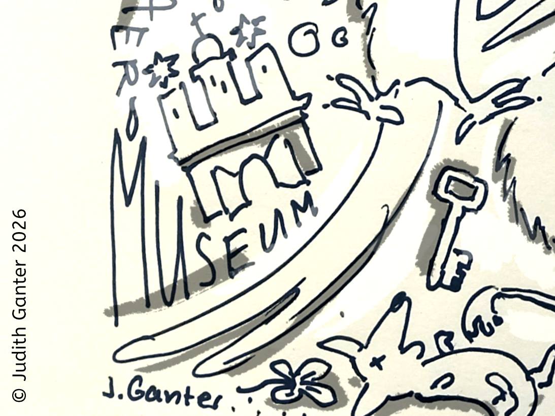 Sketchnote-Ausschnitt mit den Symbolen Schlüssel, Hund, Federn und Altona-Wappen zur Ausstellung „Aiga Rasch und ihre Detektive. Die drei ??? (Die drei Fragezeichen) und Sherlock Holmes“ im Altonaer Museum.