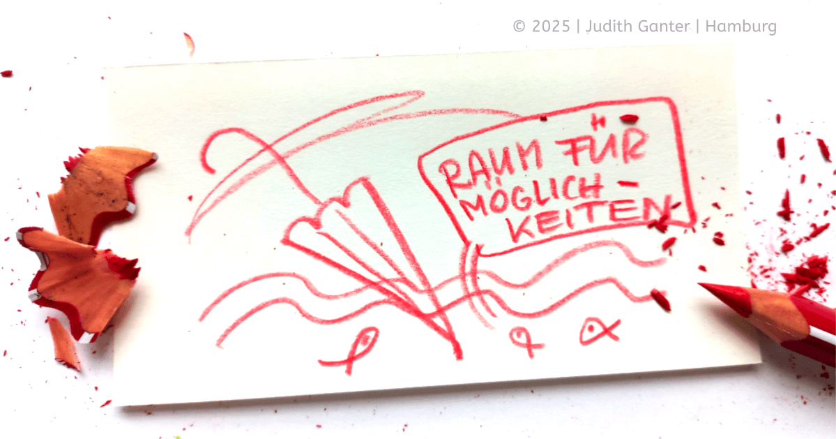 Sketchnote mit einem Schirm im Wasser zwischen Fischen und einer Sprechblase mit „Raum für Möglichkeiten“ als Symbol für kreatives Denken und neue Perspektiven.