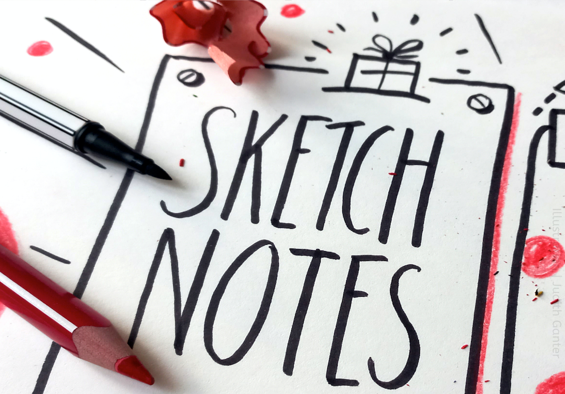 Sketchnote von Judith Ganter mit Stiften und Geschenksymbol.