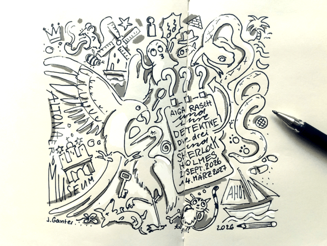 Sketchnote mit Detektivsymbolen zur Ausstellung „Aiga Rasch und ihre Detektive. Die drei ??? und Sherlock Holmes“ im Altonaer Museum.