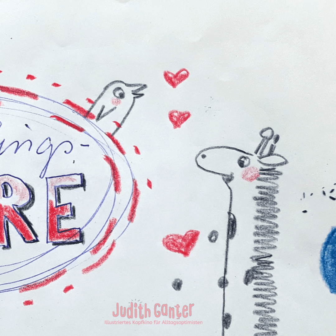Sketchnote zu Hamburg mit Kindern, gezeichnete Tiere wie Vogel und Giraffe sowie Symbole für Liebe und Verbundenheit