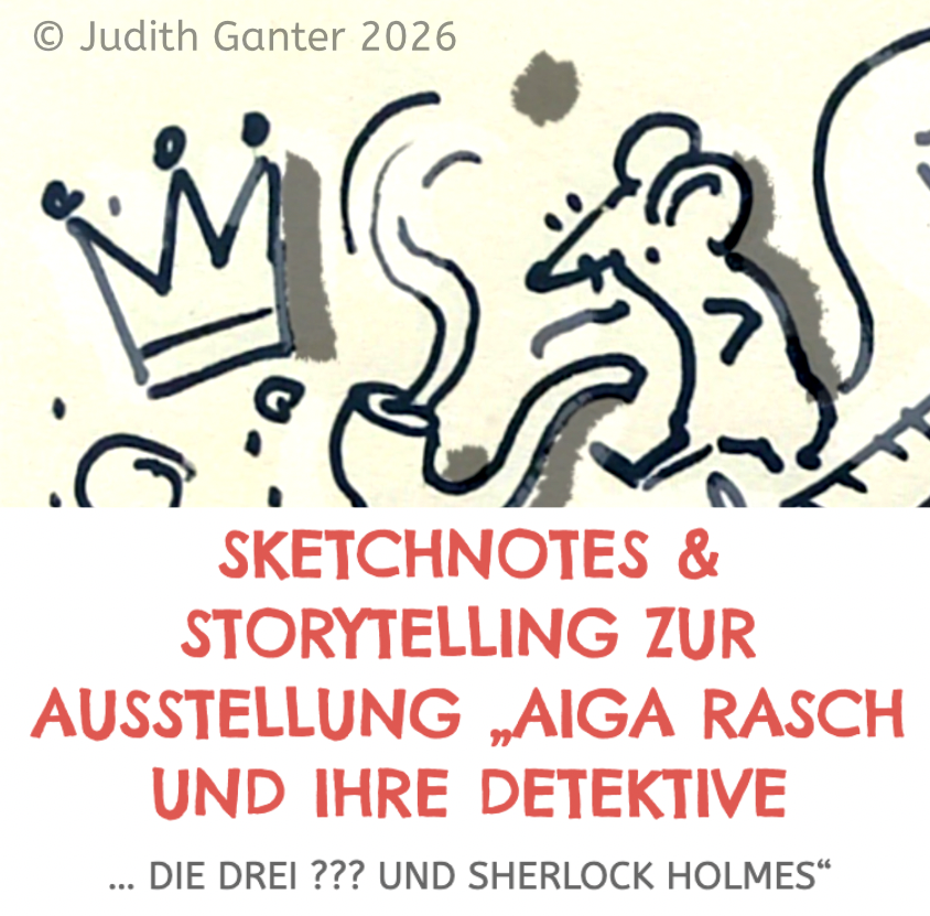 Sketchnote mit Maus und Krone zur Ausstellung „Aiga Rasch und ihre Detektive. Die drei ??? und Sherlock Holmes“ im Altonaer Museum – kreative Gruppenführungen mit Sketchnotes & visuellem Storytelling.