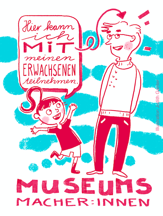 Titel: „Museumsmacher*innen“ – Illustration von Judith Ganter zeigt einen Erwachsenen und ein Kind, die gemeinsam kreativ arbeiten wollen