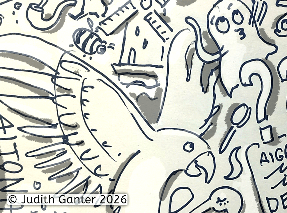 Sketchnote-Ausschnitt mit den Symbolen Gespenst und Papagei zur Ausstellung „Aiga Rasch und ihre Detektive. Die drei ??? (Die drei Fragezeichen)“.