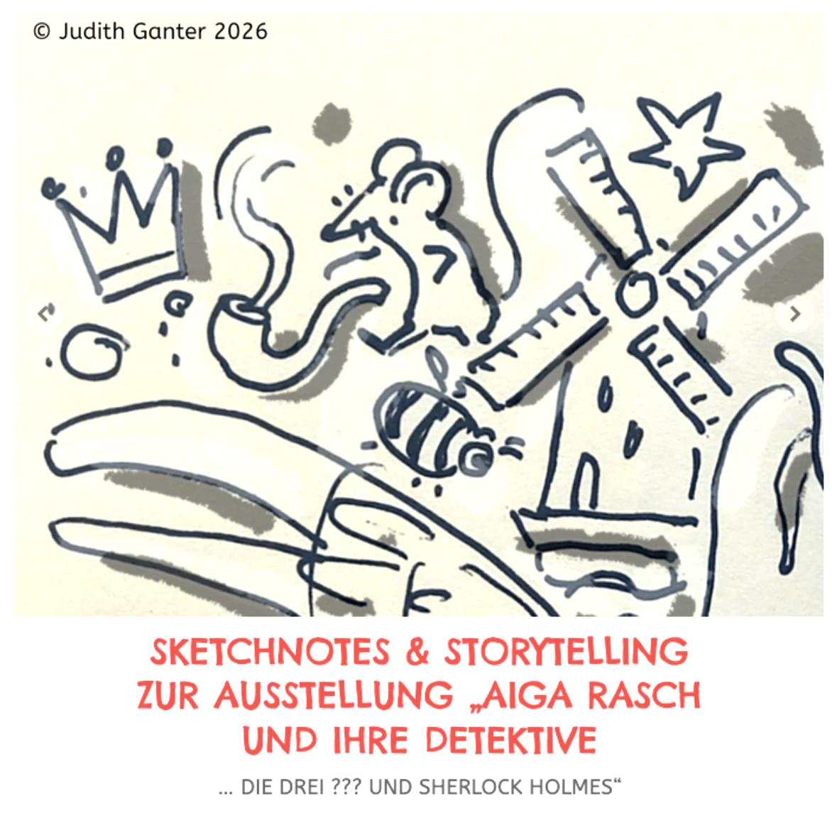 Sketchnote mit Maus und Krone als Symbole zur Ausstellung „Aiga Rasch und ihre Detektive. Die drei ??? und Sherlock Holmes“ im Altonaer Museum – Sketchnotes & Storytelling für Gruppenführungen.