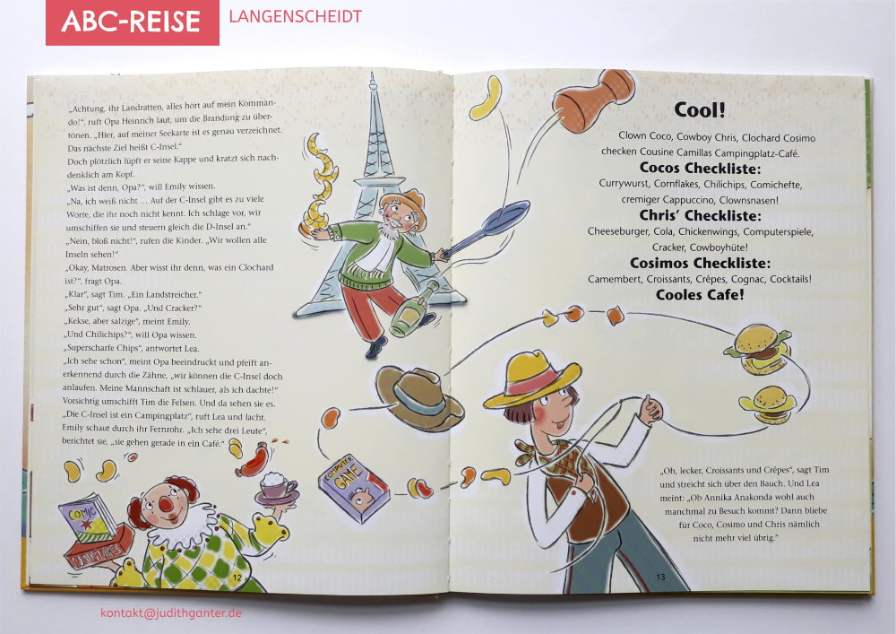Kindermedien Illustration online - Thema Reisen Frankreich Paris Cowboys Lasso Zirkus Clowns Menschen Essen Croissan Burger
