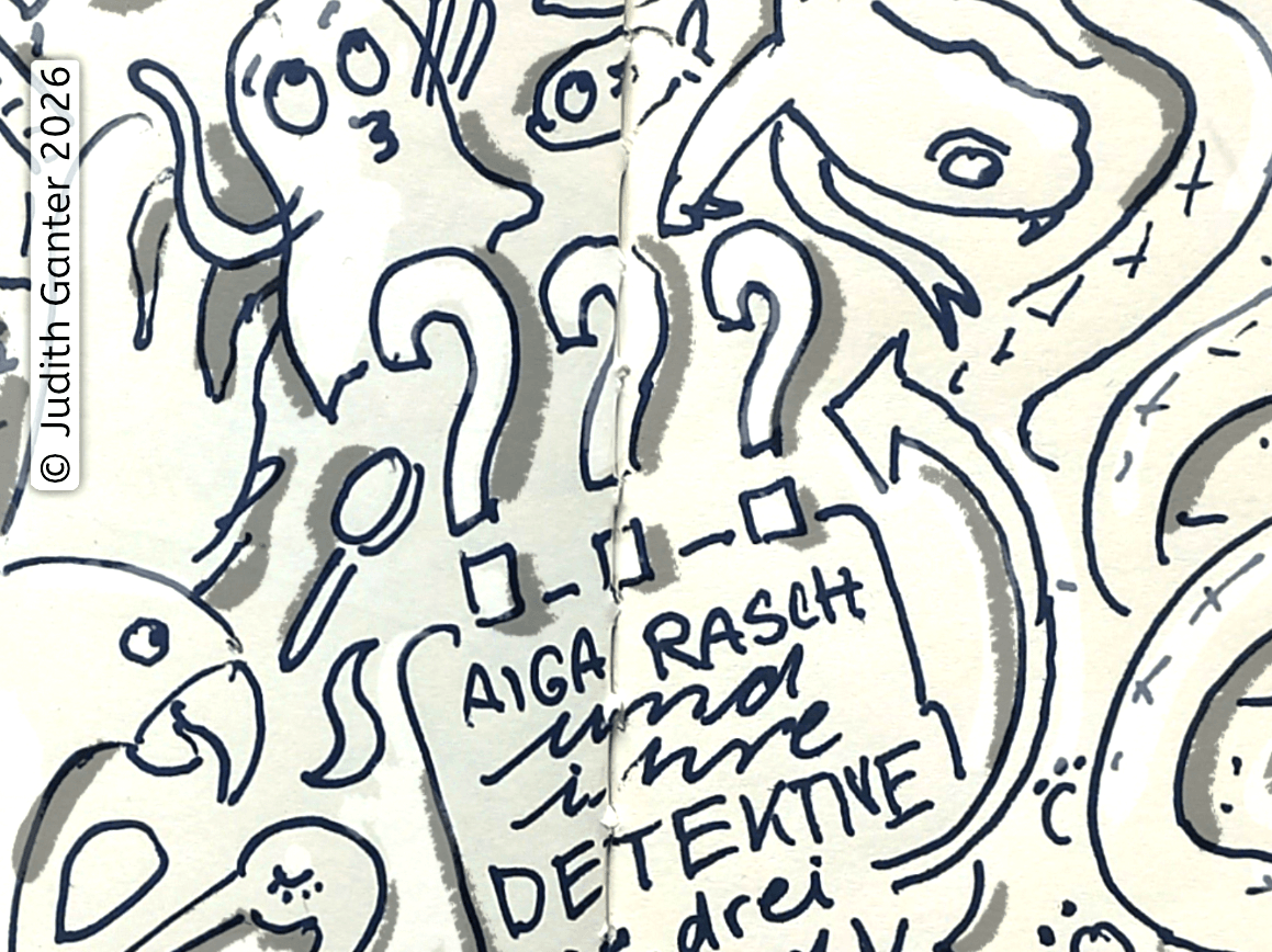 Sketchnote-Ausschnitt mit Gespenst und Schlange zur Ausstellung „Aiga Rasch und ihre Detektive. Die drei ??? (Die drei Fragezeichen) und Sherlock Holmes“ im Altonaer Museum.