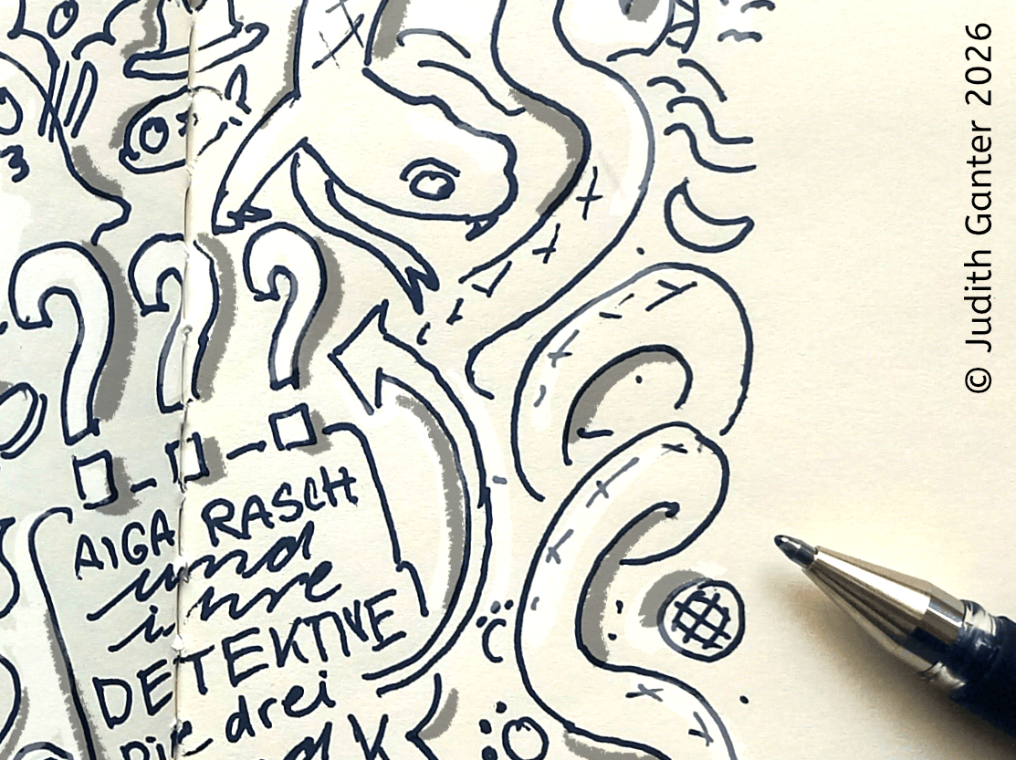 Sketchnote-Ausschnitt mit den Symbolen Schlange und Fisch zur Ausstellung „Aiga Rasch und ihre Detektive. Die drei ??? (Die drei Fragezeichen) und Sherlock Holmes“ im Altonaer Museum