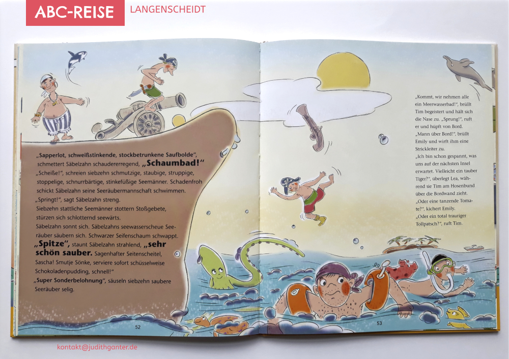 Kindermedien Illustration - Thema Menschen Erwachsen Piraten Krake Badetag Baden Schwimmen Meer Delphin Tiere Schildkröte Fisch Schwein Insel