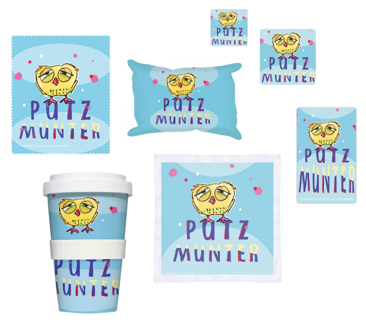 Müde Eule PUTZMUNTER Kollektion – Spruch und Illustration – Judith Ganter Hamburg bei Rannenberg und Friends - Geschenkartikel - To-go-Becher, Magnet, Handy-Putzis, Autoschwamm, Putztuch