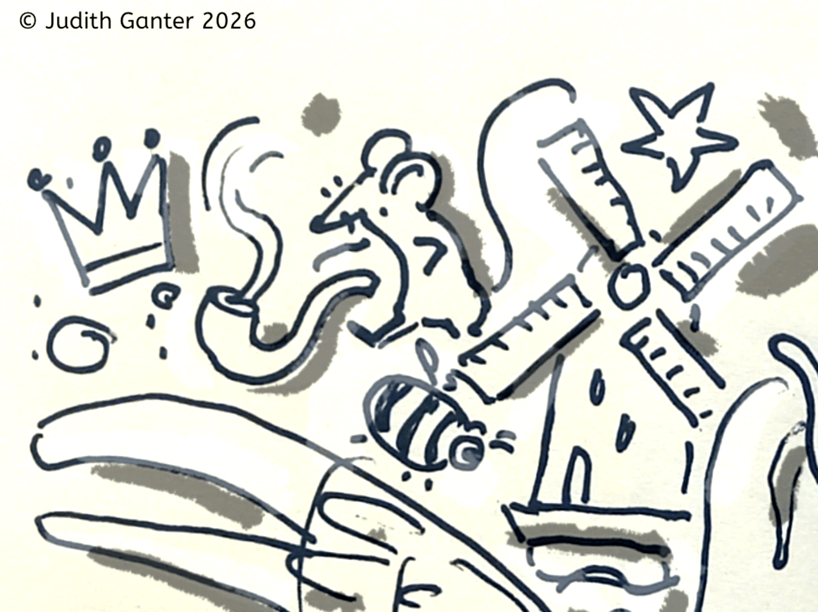 Sketchnote-Ausschnitt mit den Symbolen Pfeife, Maus, Krone und Windmühle zur Ausstellung „Aiga Rasch und ihre Detektive. Die drei ??? (Die drei Fragezeichen) und Sherlock Holmes“ im Altonaer Museum.