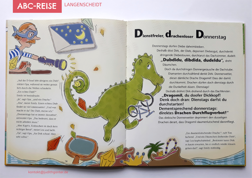 Kindermedien Illustration download - Thema Einbrecher Drachen Schätze Schatzsuche Diamant Taschenlampe Mond Sterne Fahrrad
