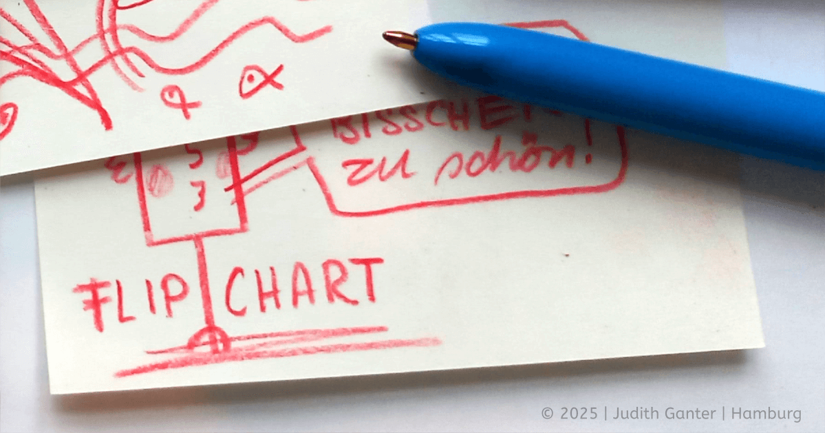 Sketchnote-Illustration eines Kugelschreibers über mehreren einfachen Sketchnote-Zeichnungen als Symbol dafür, dass für visuelles Arbeiten im Coaching einfache Materialien ausreichen und keine perfekten Zeichnungen notwendig sind.